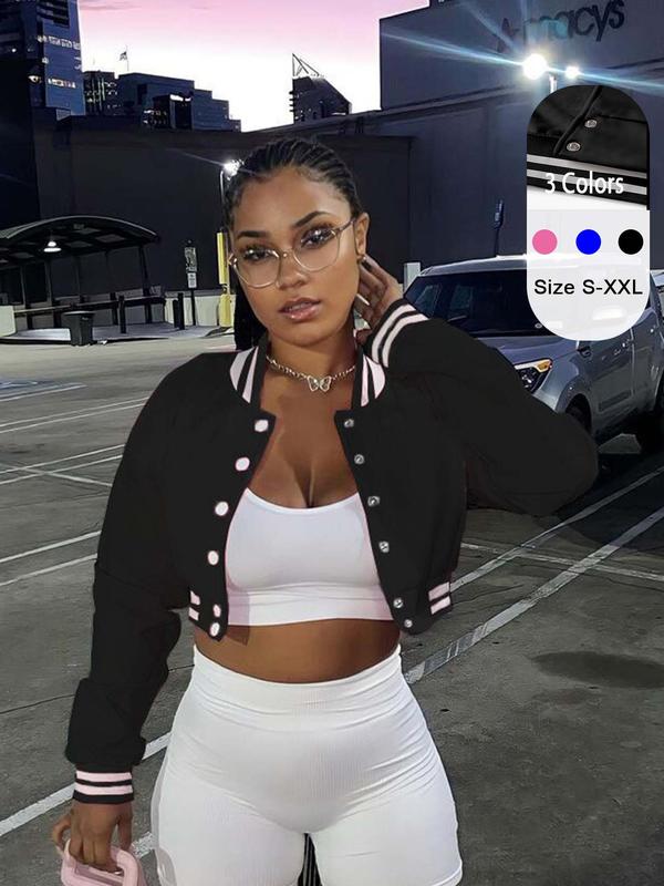 Women's Contrast Binding Button Front Crop Varsity Jacket, Casual Drop Shoulder Long Sleeve Outerwear for Fall & Winter,  Winter Clothes Women, Ladies Clothes for Daily Wear